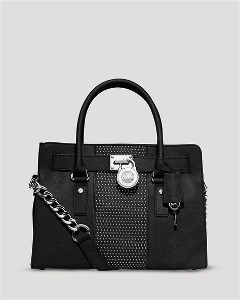 michael michael kors microstud hamilton center stripe satchel|Michael Kors Microstud Hamilton Stripe Ew Satchel Black Leather.